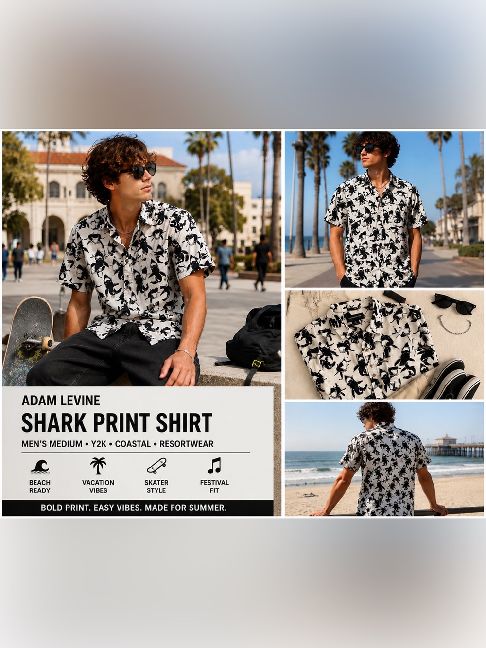 Adam Levine Shirt Medium White Y2K Coastal Black Sharks Beach Resort Button Surf